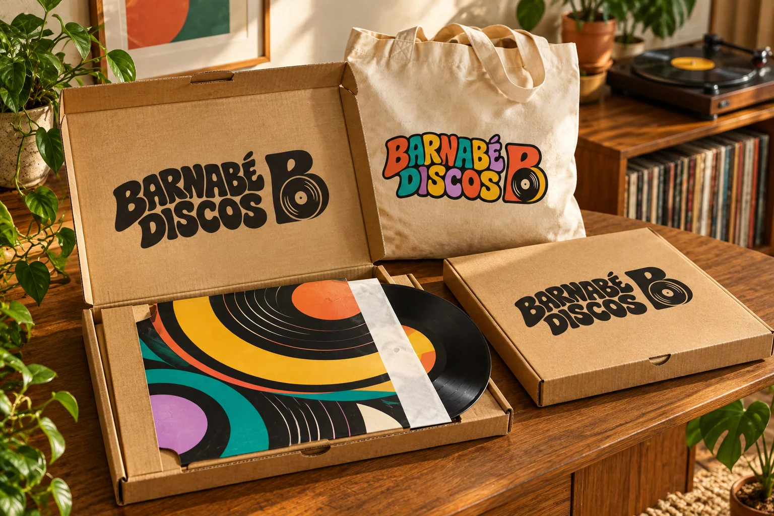 Conceito visual de caixa kraft aberta com disco de vinil, caixa fechada e sacola Barnabé Discos em uma casa